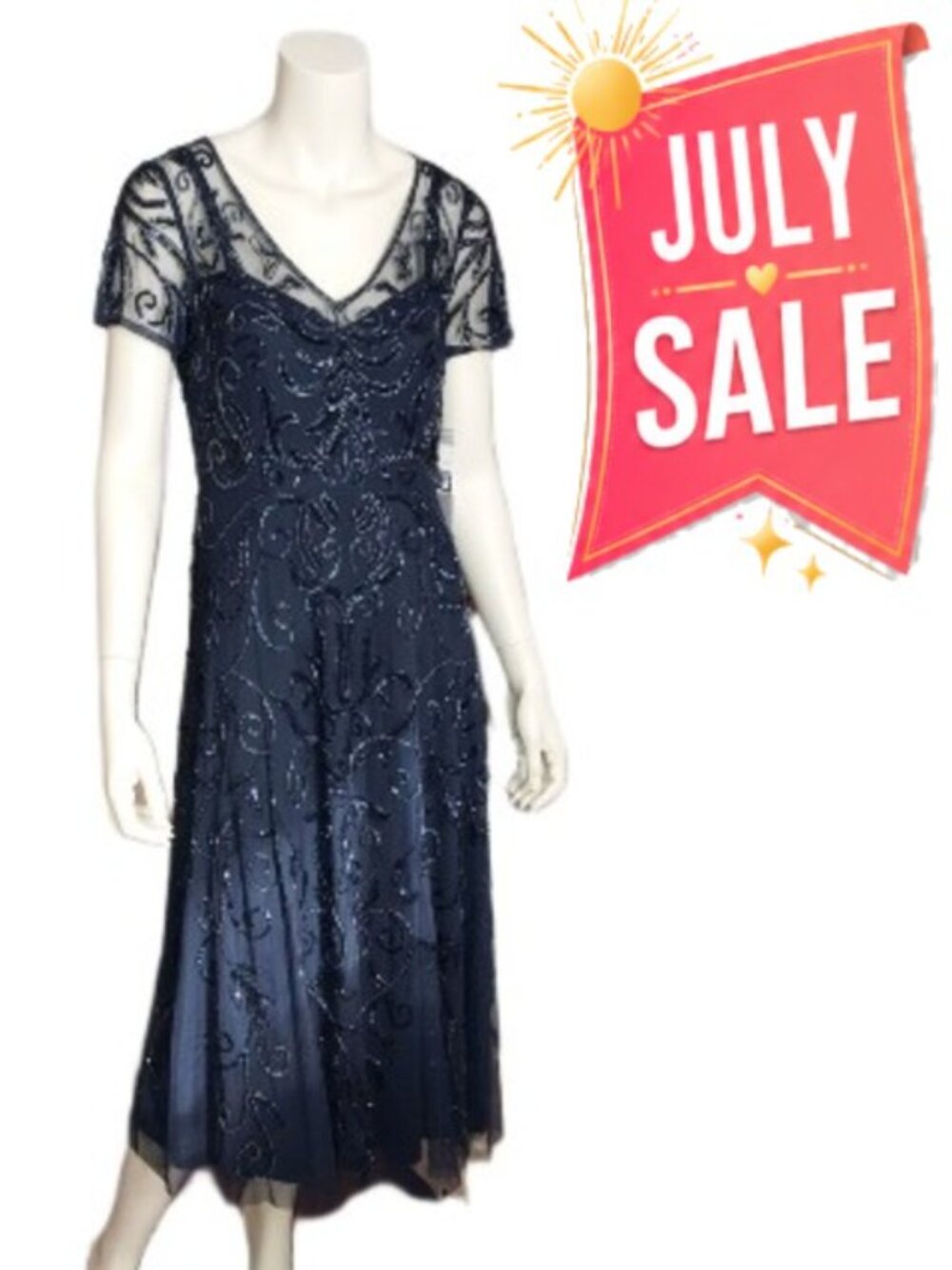 Oleg Cassini Navy Sequin Beaded Cocktail Wedding Guest Dress NWT Size 10